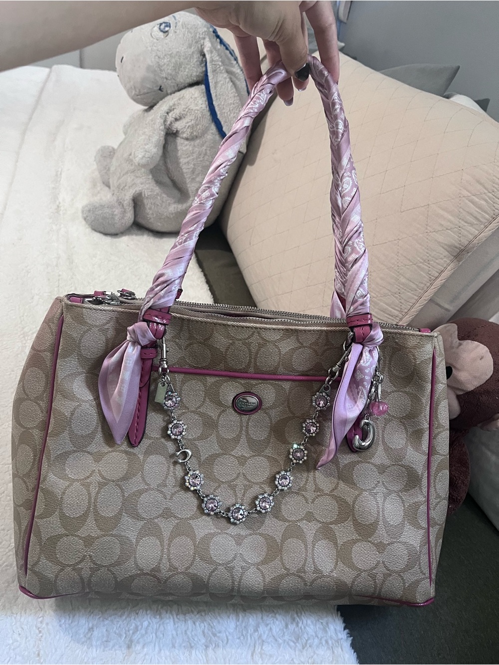 Coach Beige Canvas Tote with Pink Trim and Braided Pink Handles